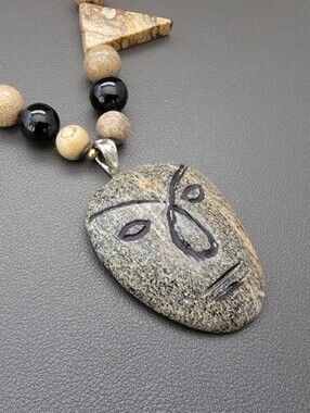 Vintage Tribal-Inspired Picture Jasper Necklace | Carved Face Pendant | Artisan